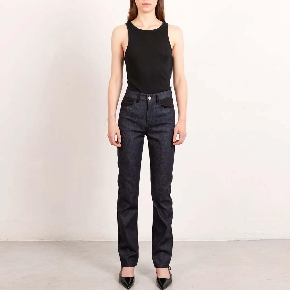 Color Block Straight Leg Jeans Dark Blue and Black