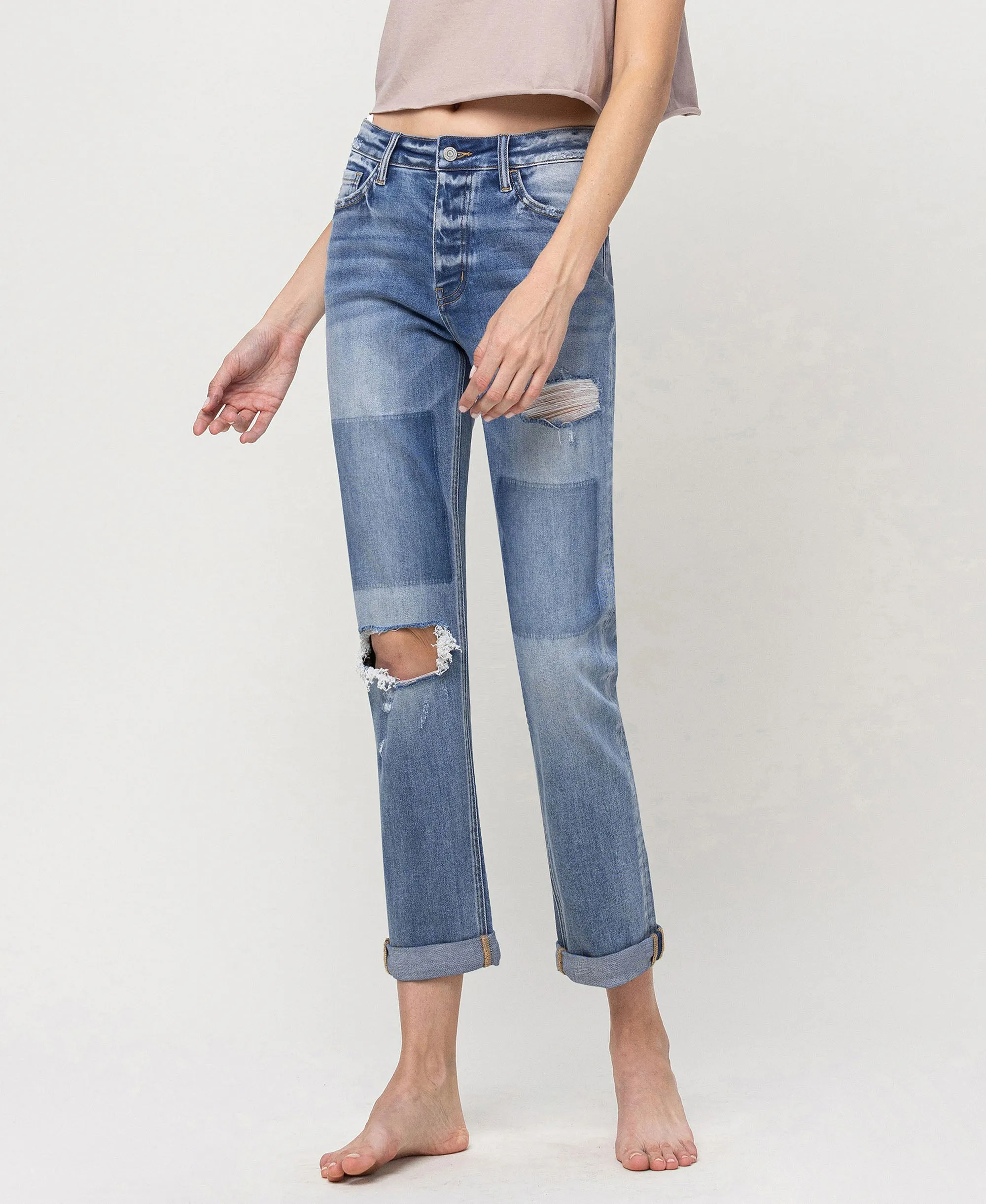 Commander - Mid Rise Button Fly Cuffed Boyfriend Jeans