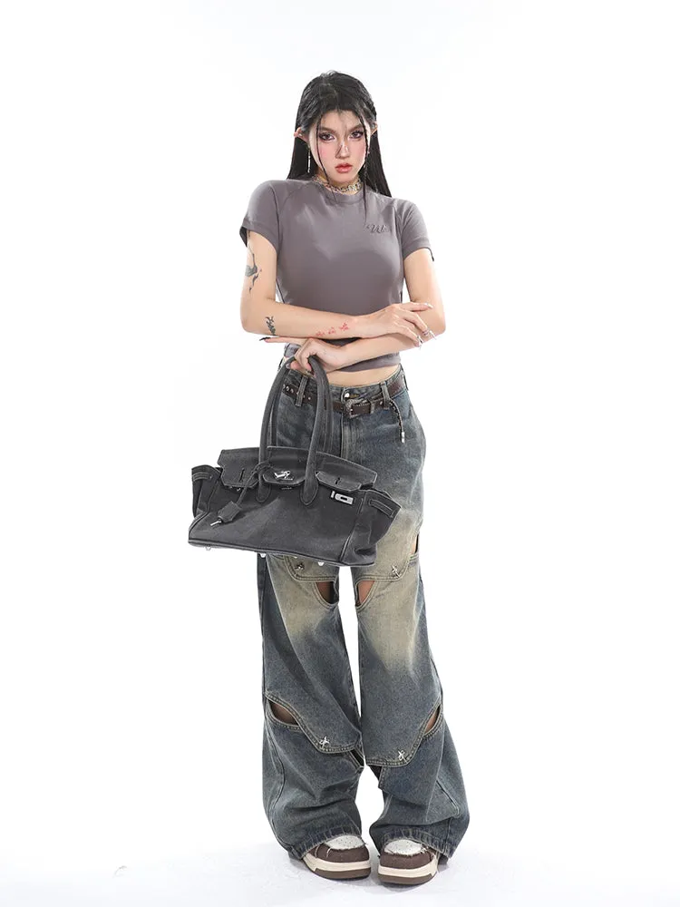 Connor Denim Blue Washed Cut Out Button High Waist Straight Leg Baggy Jeans Pants