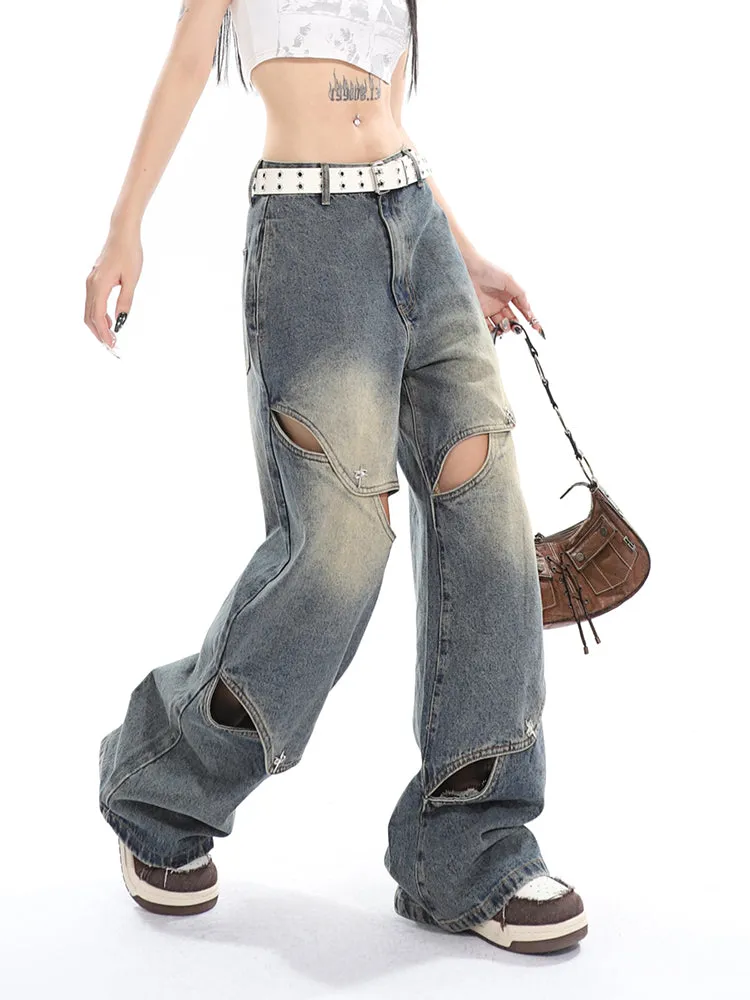 Connor Denim Blue Washed Cut Out Button High Waist Straight Leg Baggy Jeans Pants