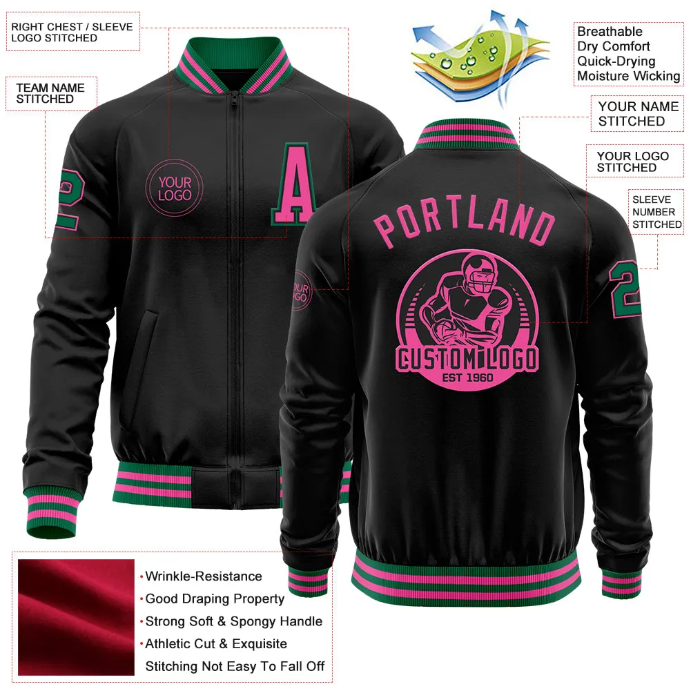 Custom Black Pink-Kelly Green Bomber Varsity Letterman Zipper Jacket