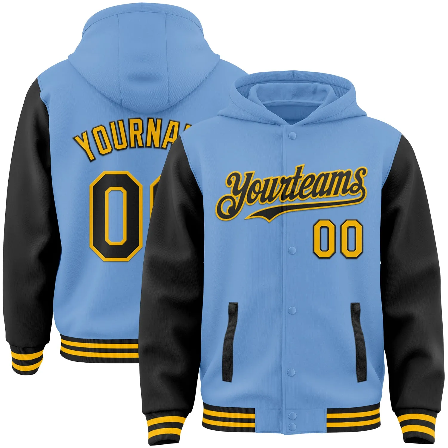 Custom Light Blue Black-Gold Bomber Full-Snap Varsity Letterman Two Tone Hoodie Jacket