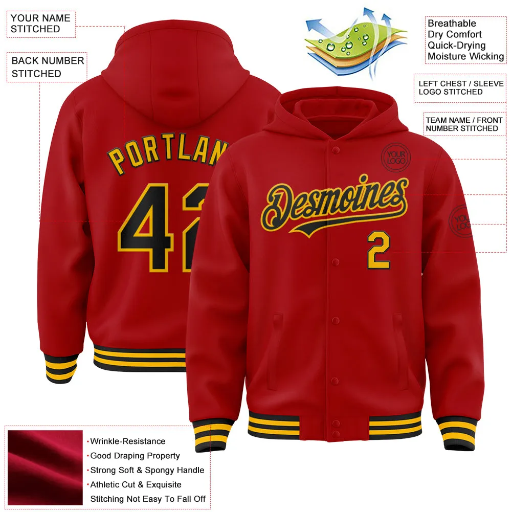 Custom Red Black-Gold Bomber Full-Snap Varsity Letterman Hoodie Jacket