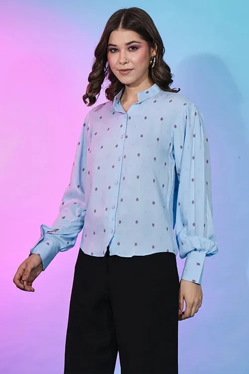 Cute Sky Blue Viscose Rayon Self Design Collar Pattern Top Collection