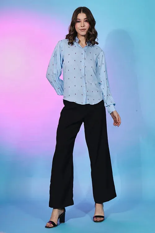 Cute Sky Blue Viscose Rayon Self Design Collar Pattern Top Collection