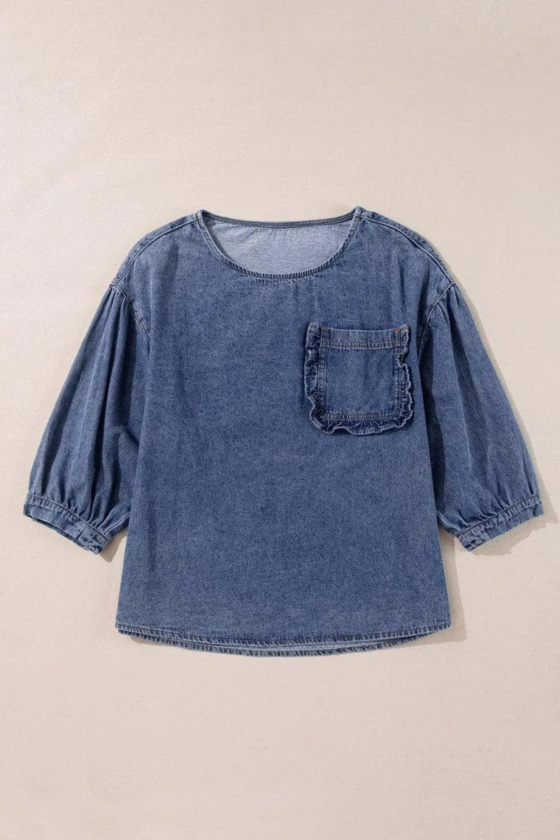 Dani Ruffled Denim Patched Blouse