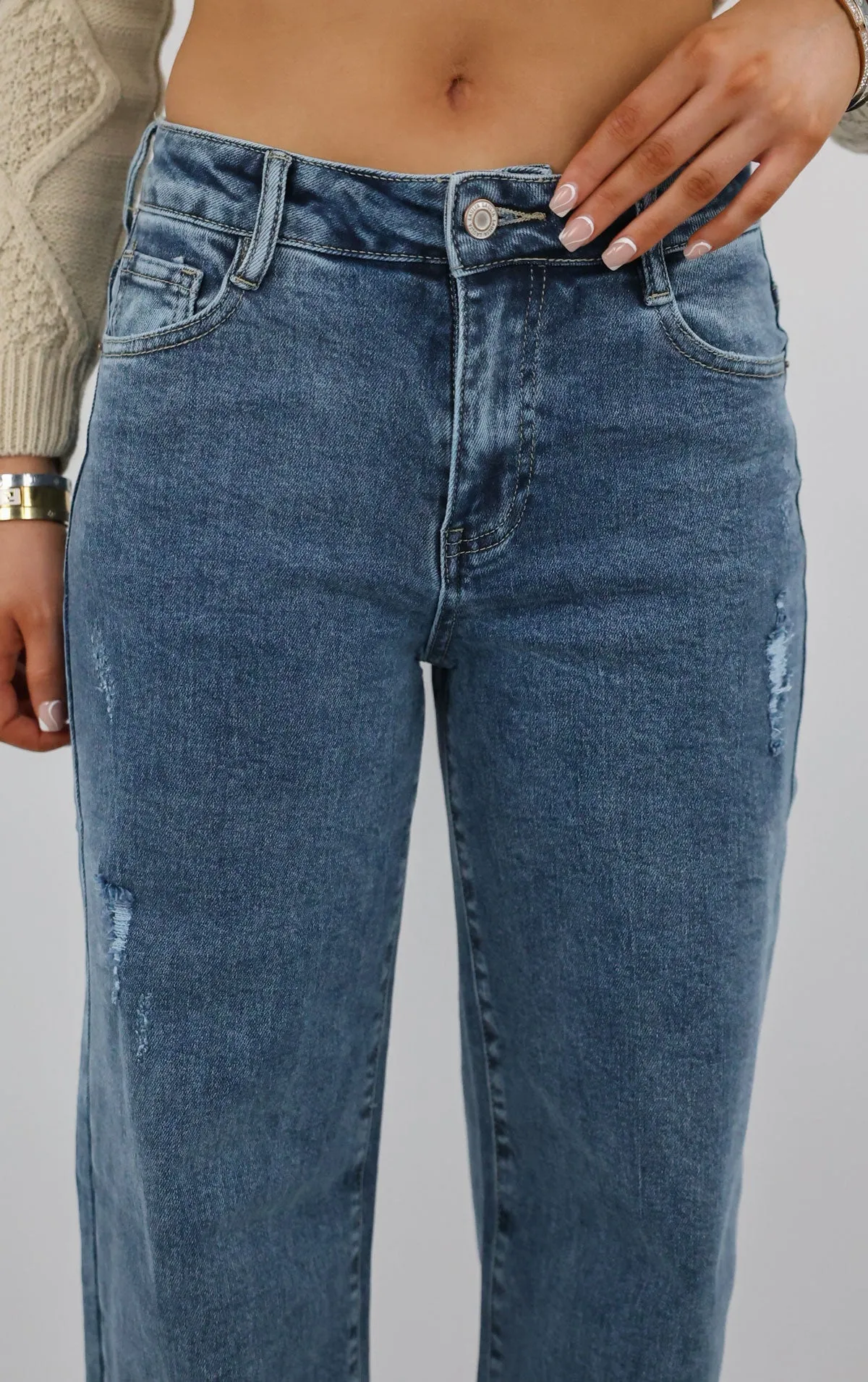 Dark Denim Distressed Straight Leg Jeans