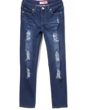 Dark Denim Girl's Yummy Stretch  Jeans w/ Distressed Detail