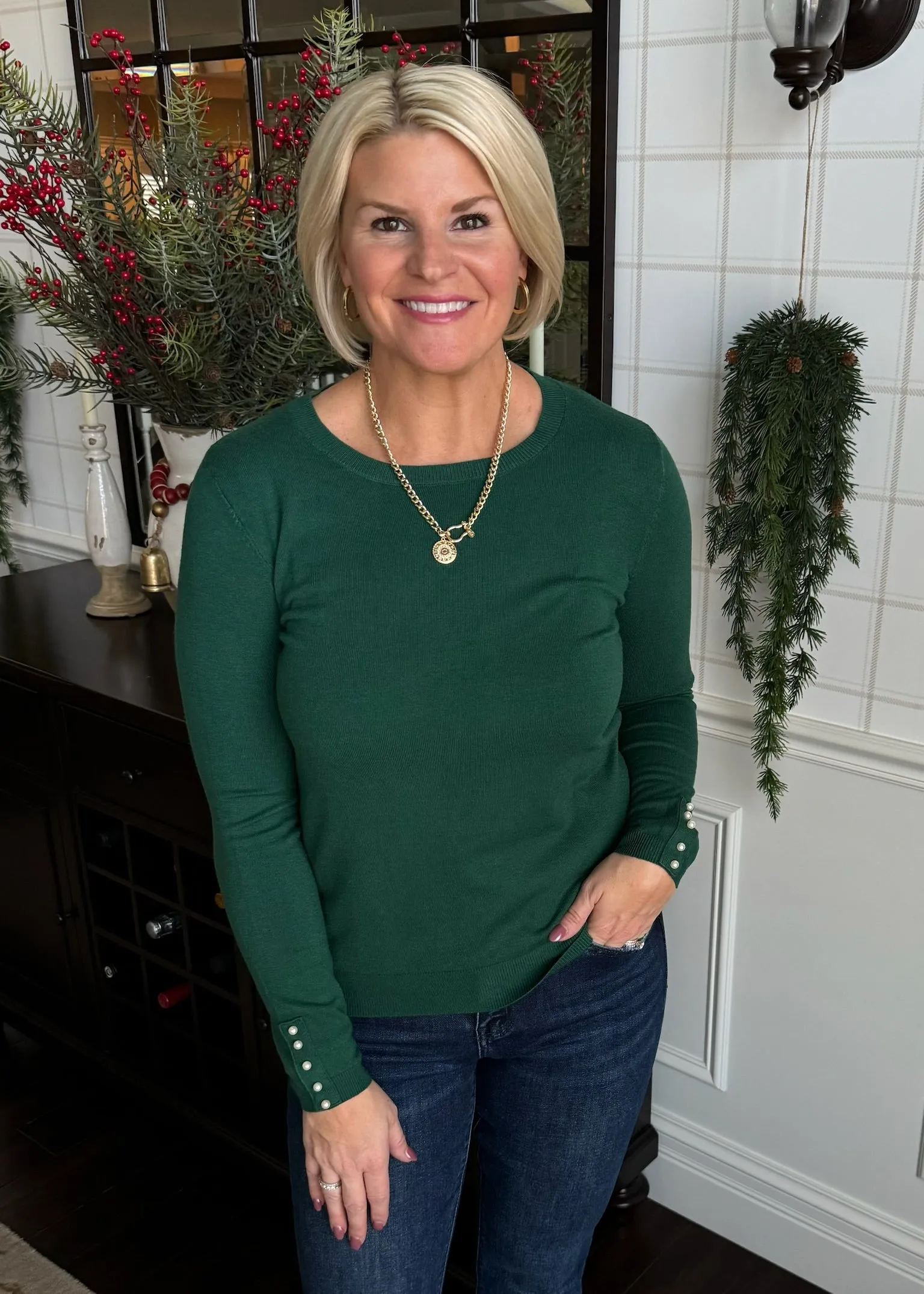 Dark Green Sweater with Pearls