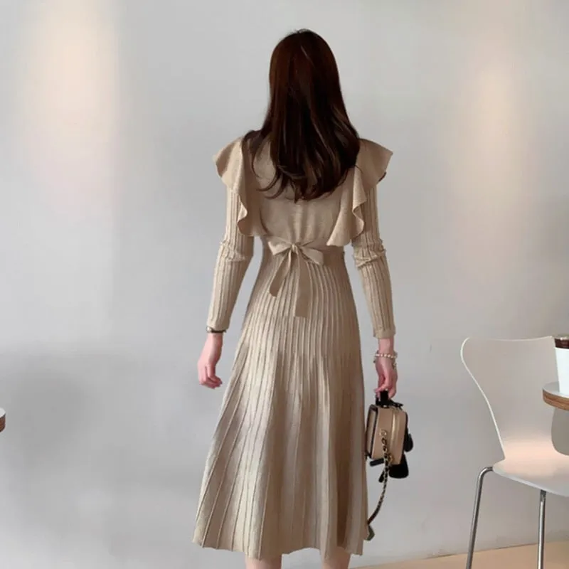 deanwangkt Vintage Elegant O-Neck Female Thicken Knit Long Dress Slim Full Sleeve Ruffles Women Sweater Dresses Vestidos Autumn Winter