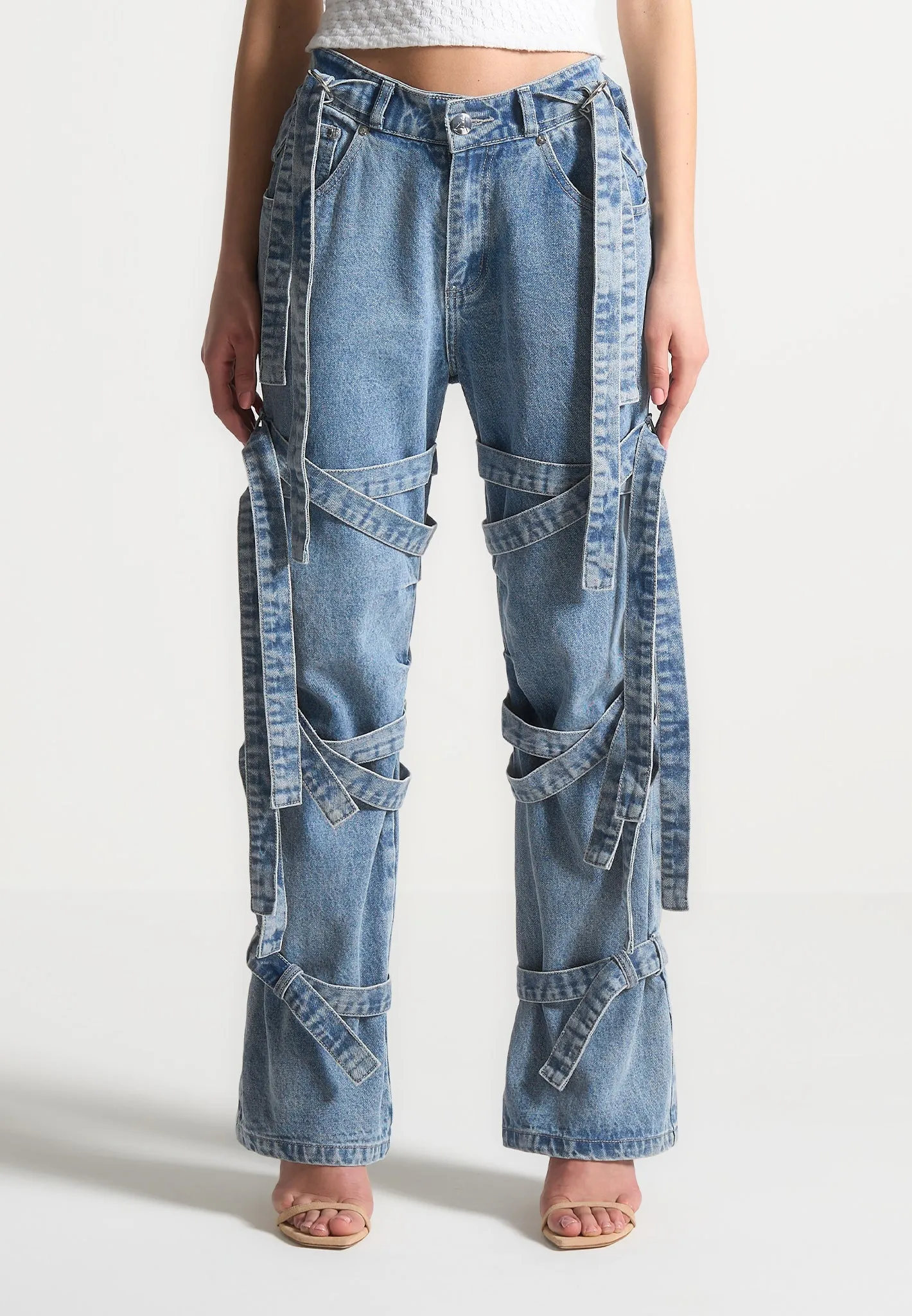 Denim Strap Cargo Jeans - Mid Blue