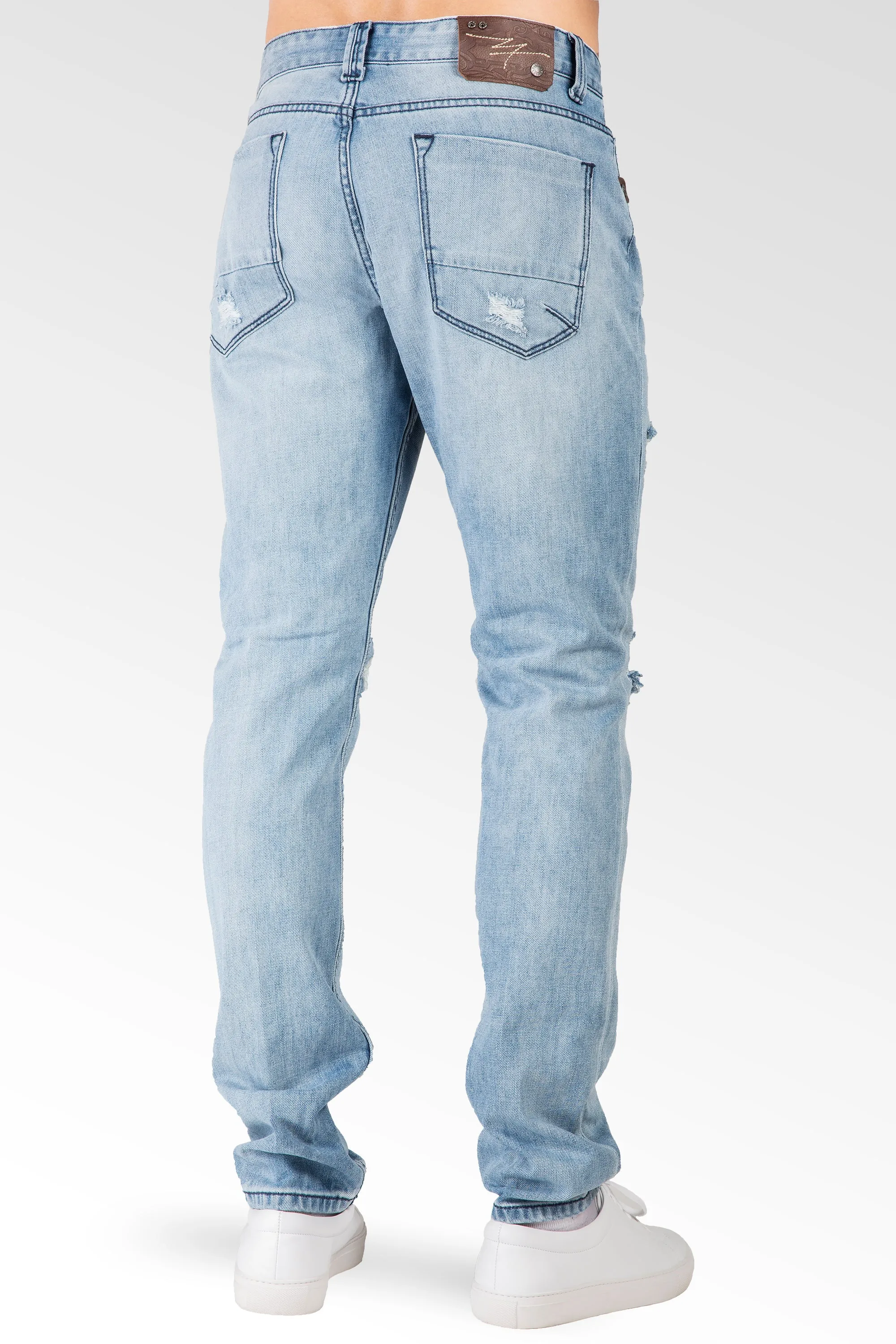 Distressed Powder Blue Slim Tapered Leg Premium Denim Jeans, signature 5 pocket with Ripped Repaired