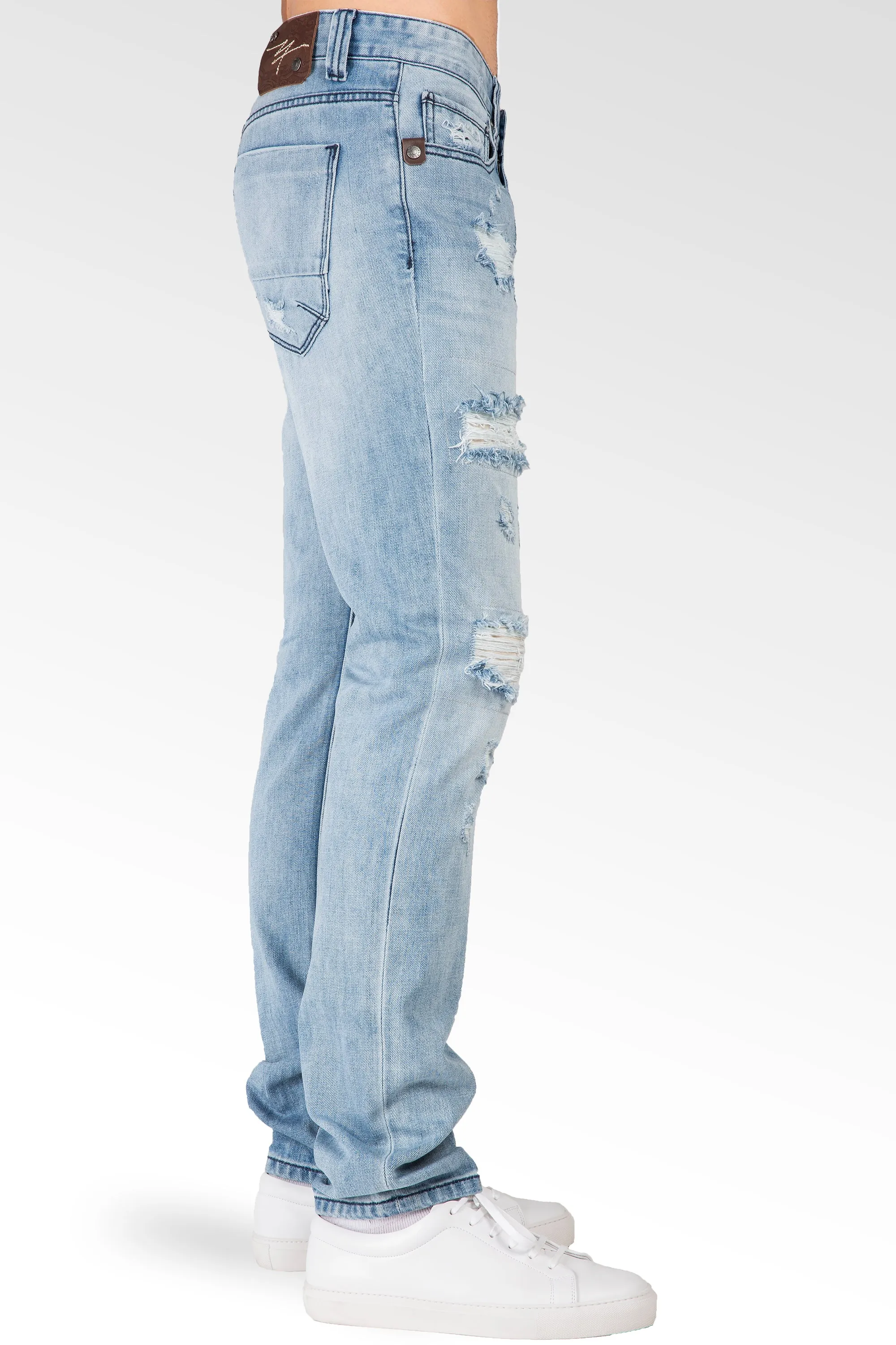 Distressed Powder Blue Slim Tapered Leg Premium Denim Jeans, signature 5 pocket with Ripped Repaired