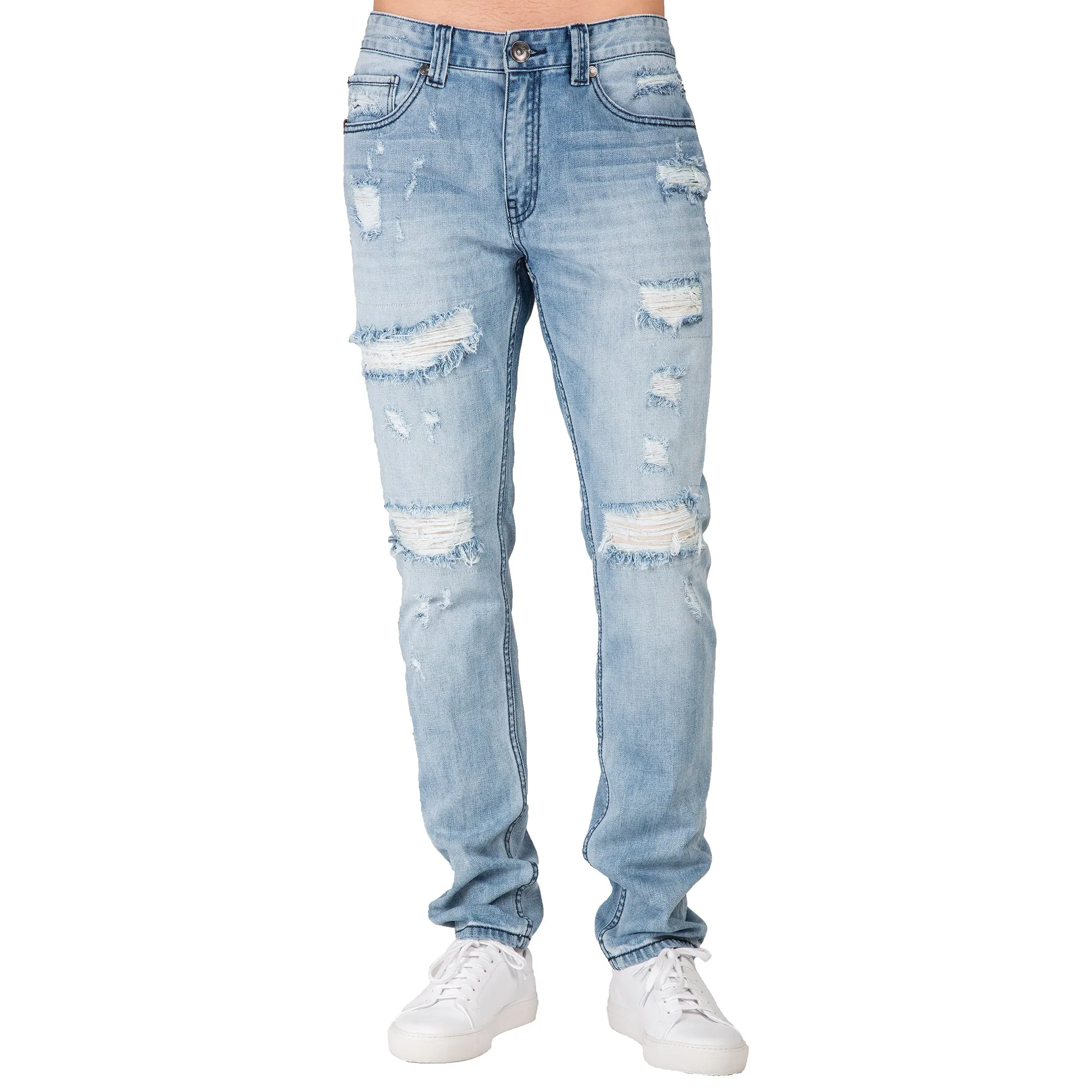 Distressed Powder Blue Slim Tapered Leg Premium Denim Jeans, signature 5 pocket with Ripped Repaired