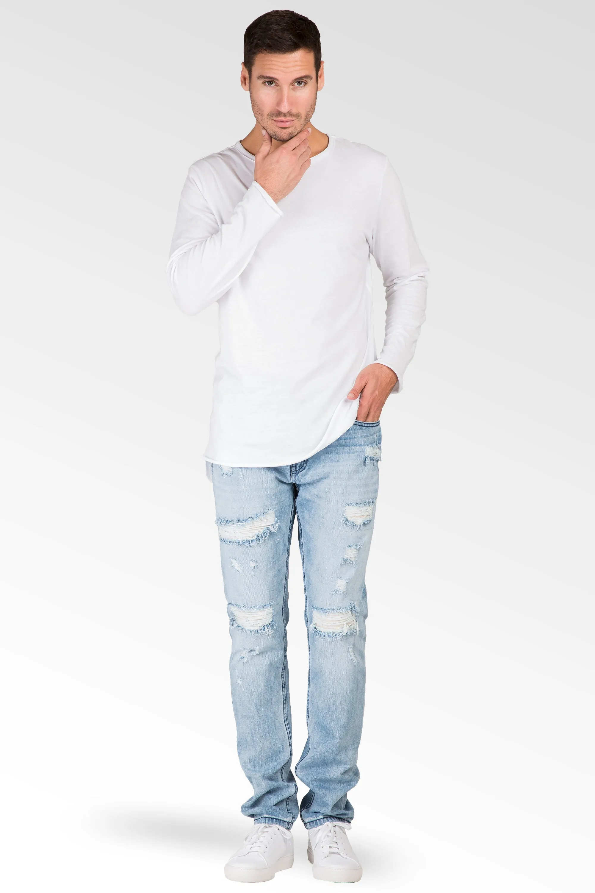 Distressed Powder Blue Slim Tapered Leg Premium Denim Jeans, signature 5 pocket with Ripped Repaired