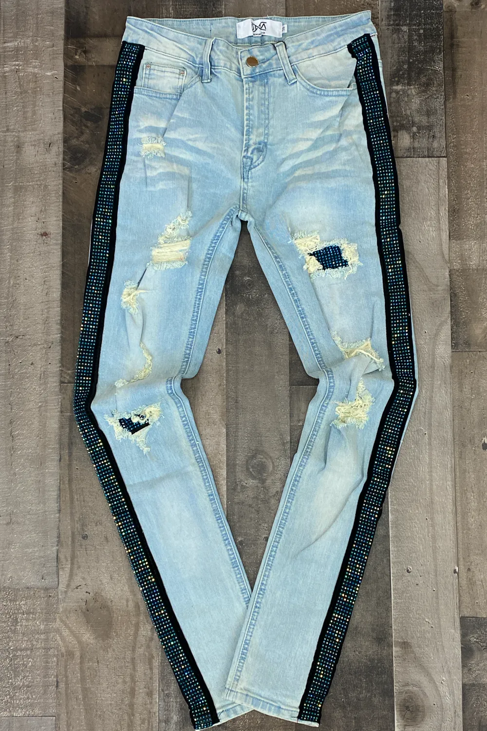 Dna Premium Wear- studded stripe & patch denim jeans (sea green)