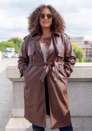 Faux Leather Coat With Tie Belt