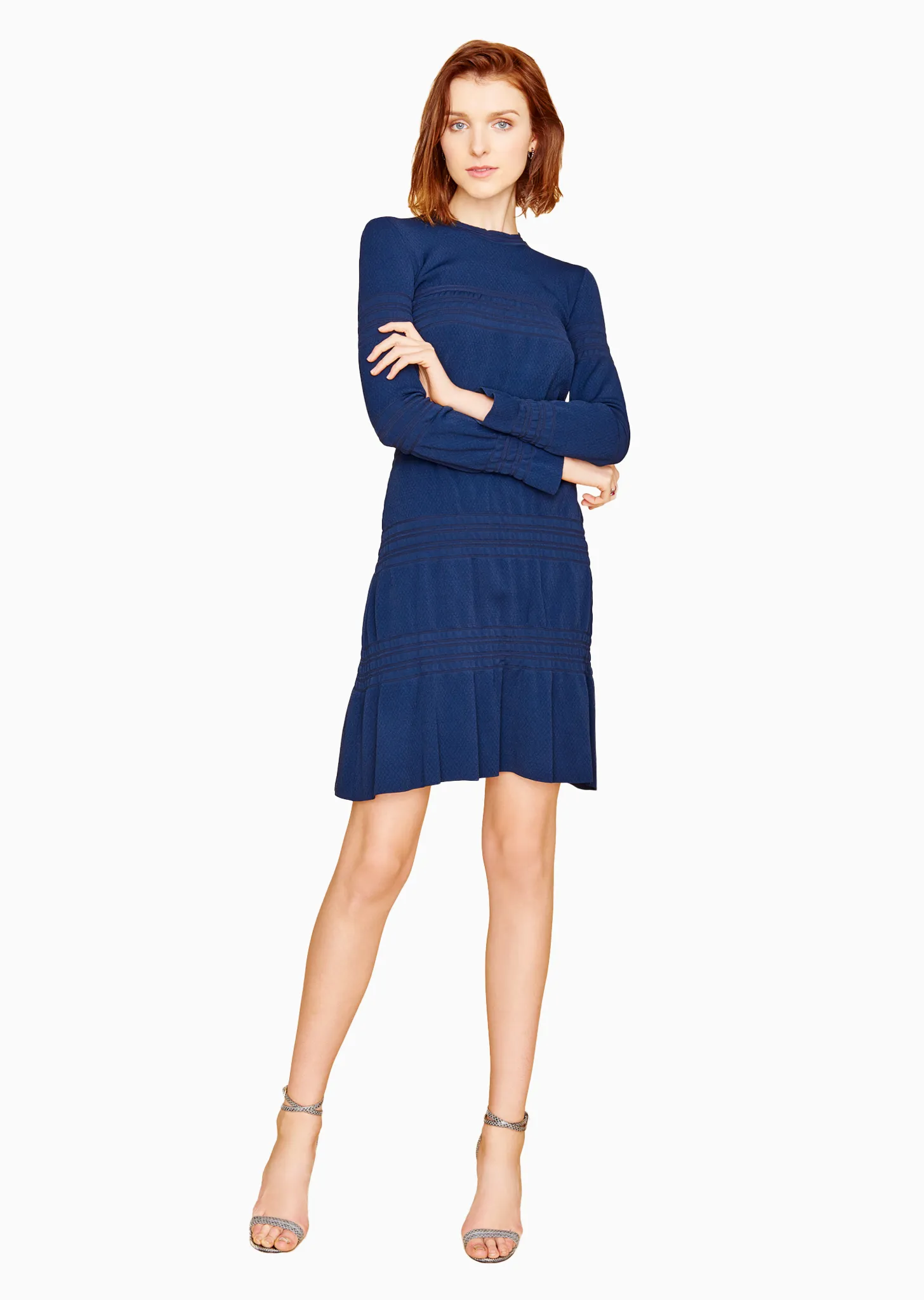 Fayette - Casual, Long Sleeve, Ruched, Knit Navy Blue Dress