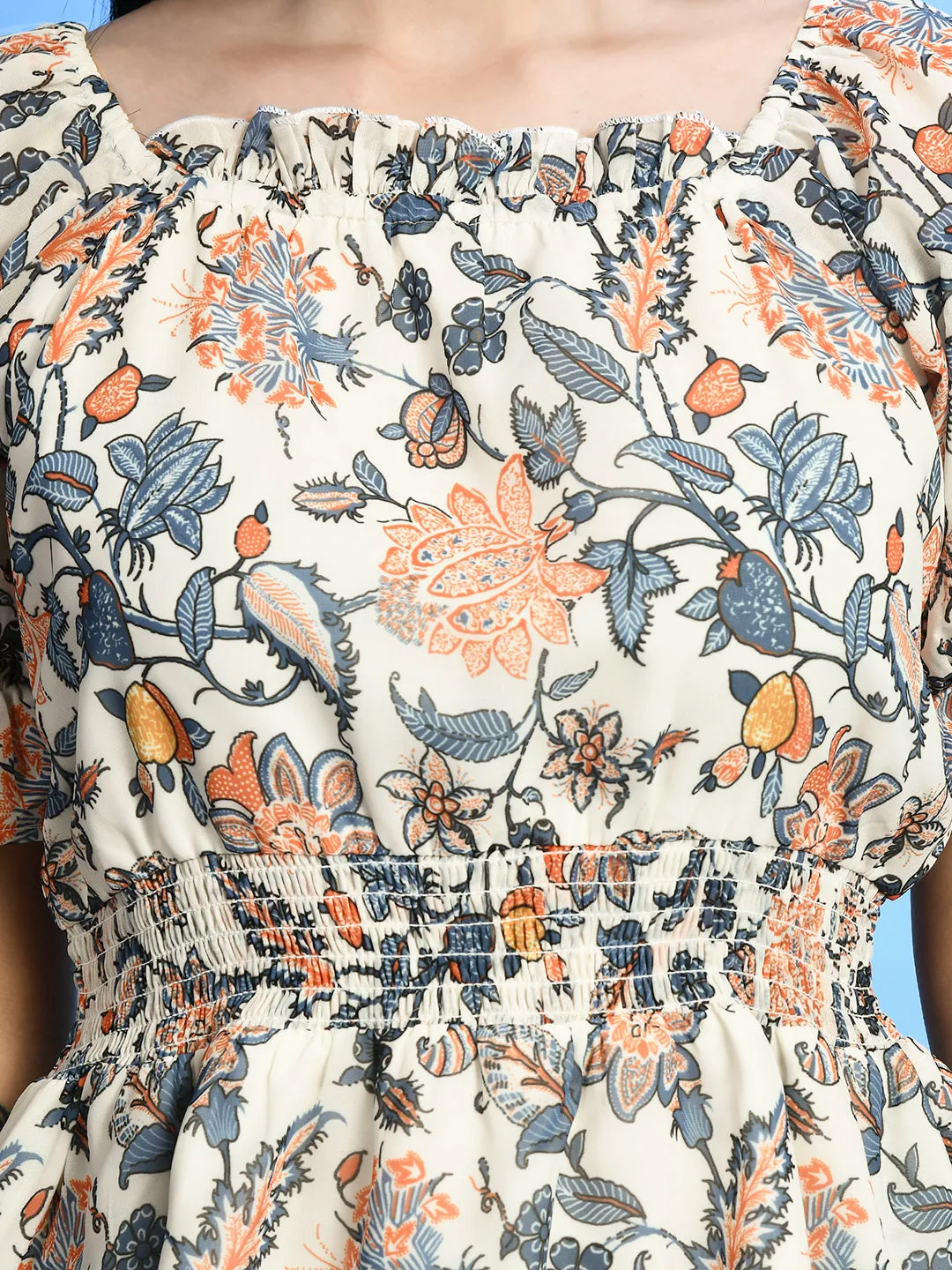 Floral Printed Puff Sleeve Cinched Waist Top