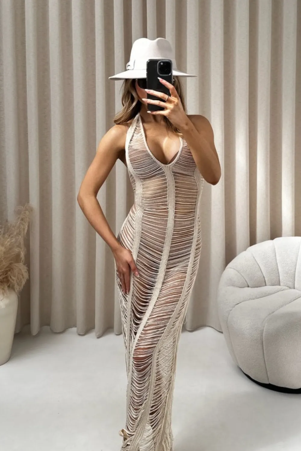 Florence nude knit ladder maxi dress