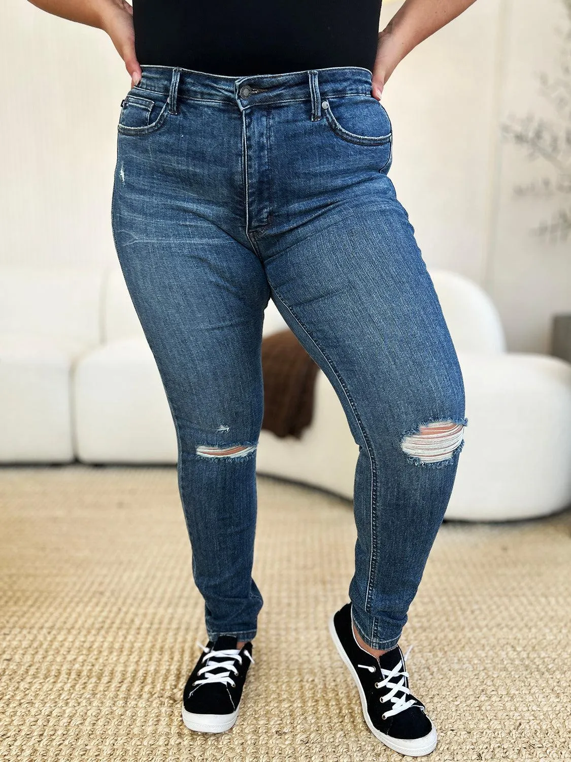 Full Size Mid Waist Distressed Slim Jeans