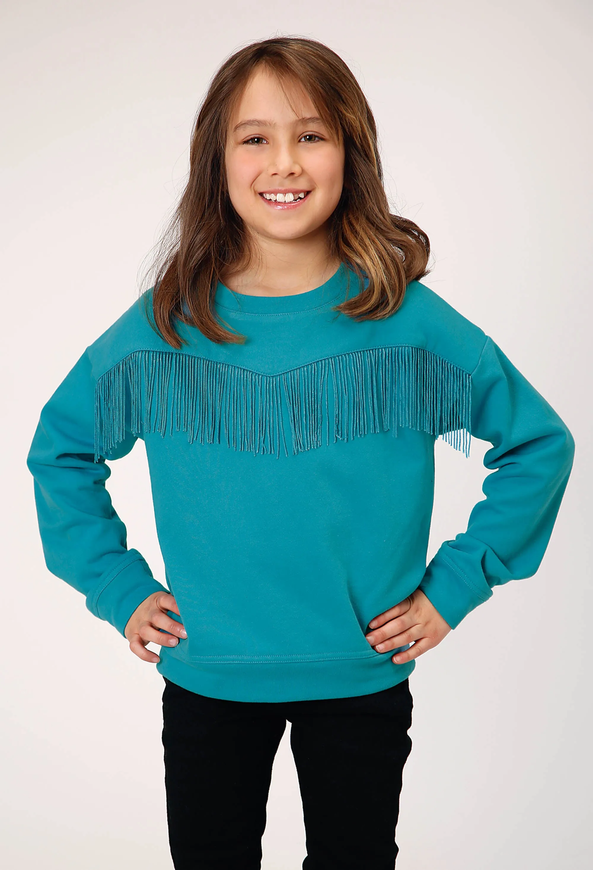 GIRLS LONG SLEEVE COTTON FLEECE WESTERN T SHIRT WITH CREW NECK MATCHING POLY FRINGE