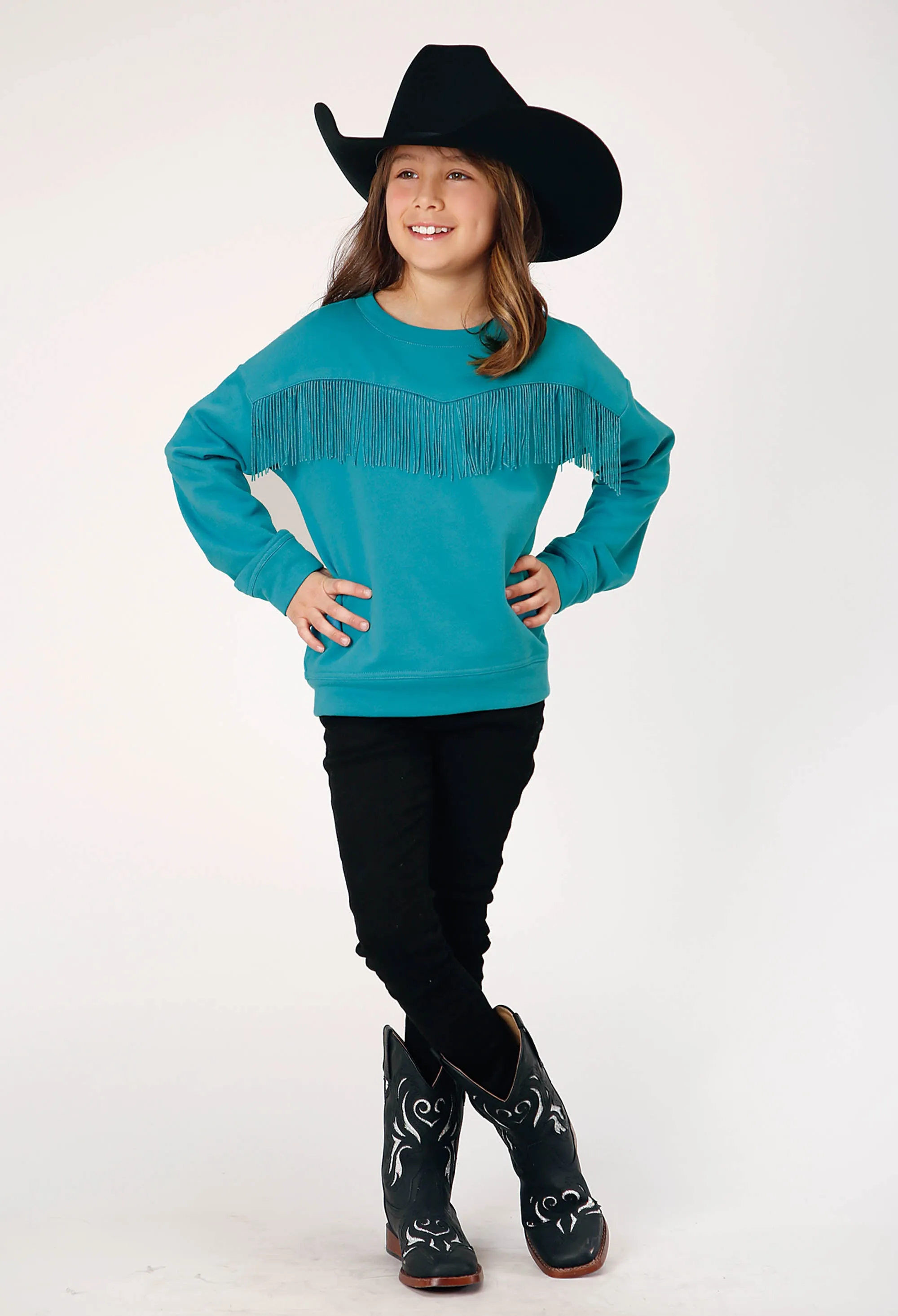 GIRLS LONG SLEEVE COTTON FLEECE WESTERN T SHIRT WITH CREW NECK MATCHING POLY FRINGE