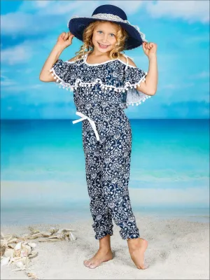 Girls Navy And Off White Medallion Print Off the Shoulder Pom Pom Ruffled Drawstring Jumpsuit