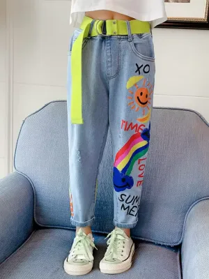 Girl's Stylish Graffiti Art Denim Jeans