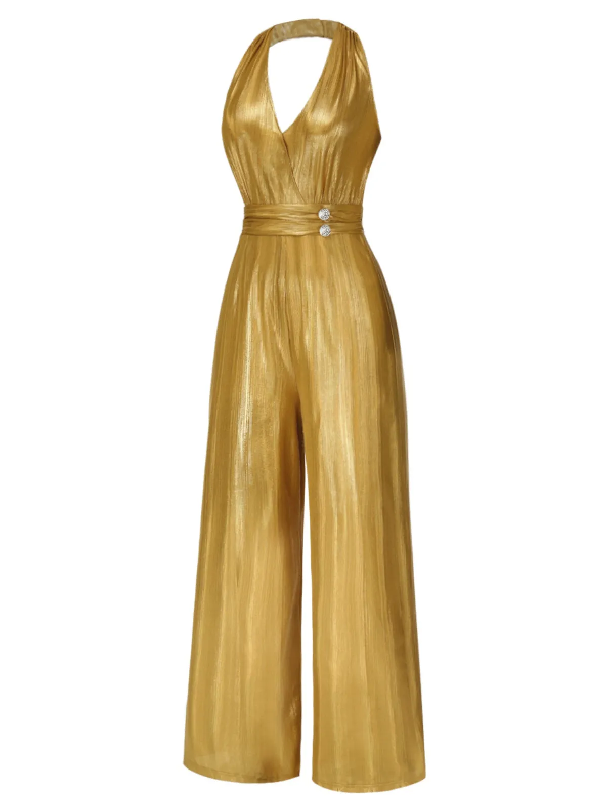 Gold 1930s Solid V-Neck Halter Jumpsuit