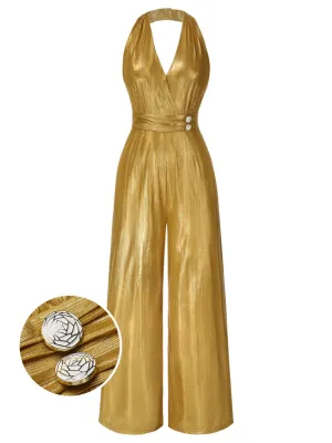 Gold 1930s Solid V-Neck Halter Jumpsuit