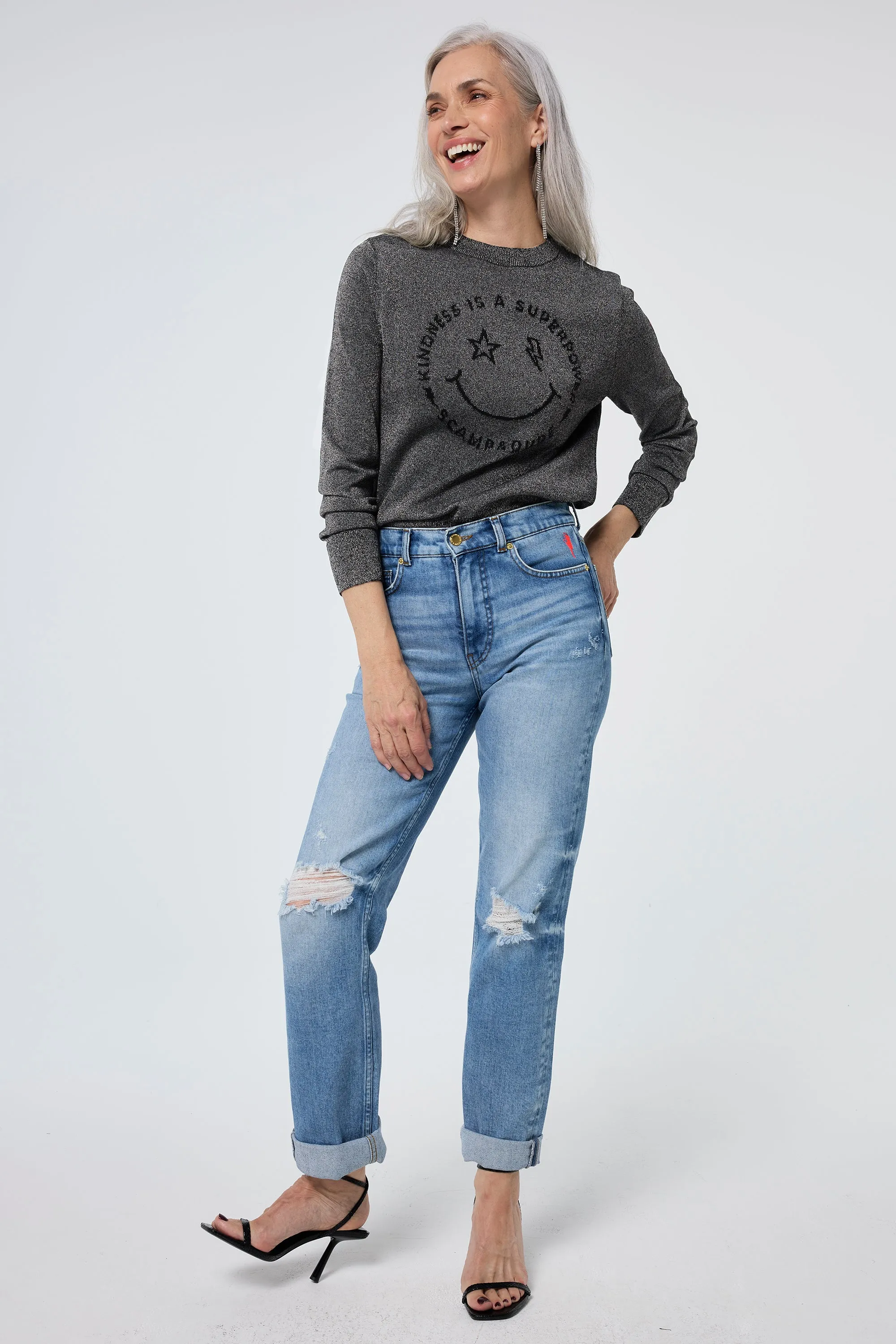 Grey with Black Smiley Face Lurex Knit Jumper