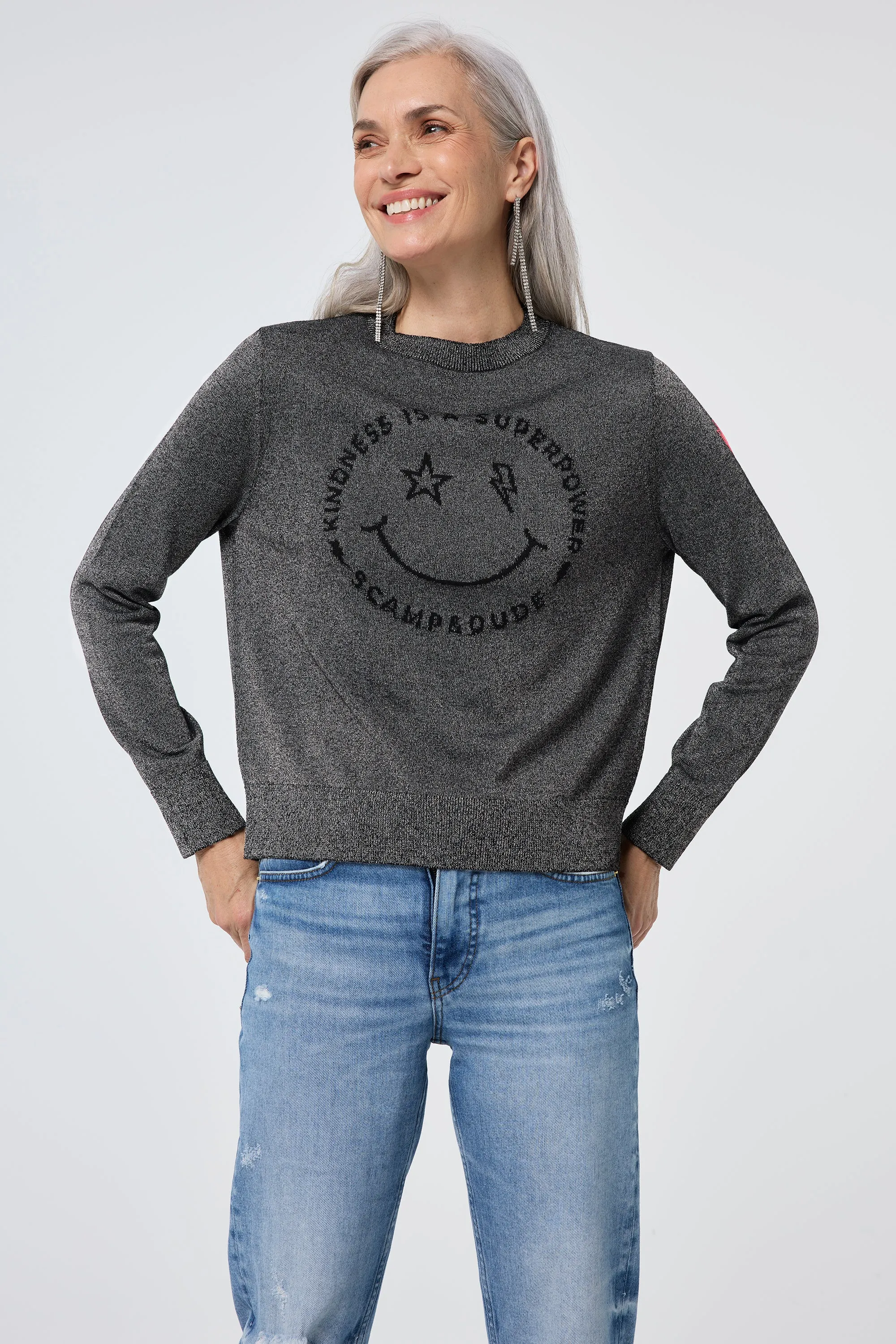 Grey with Black Smiley Face Lurex Knit Jumper