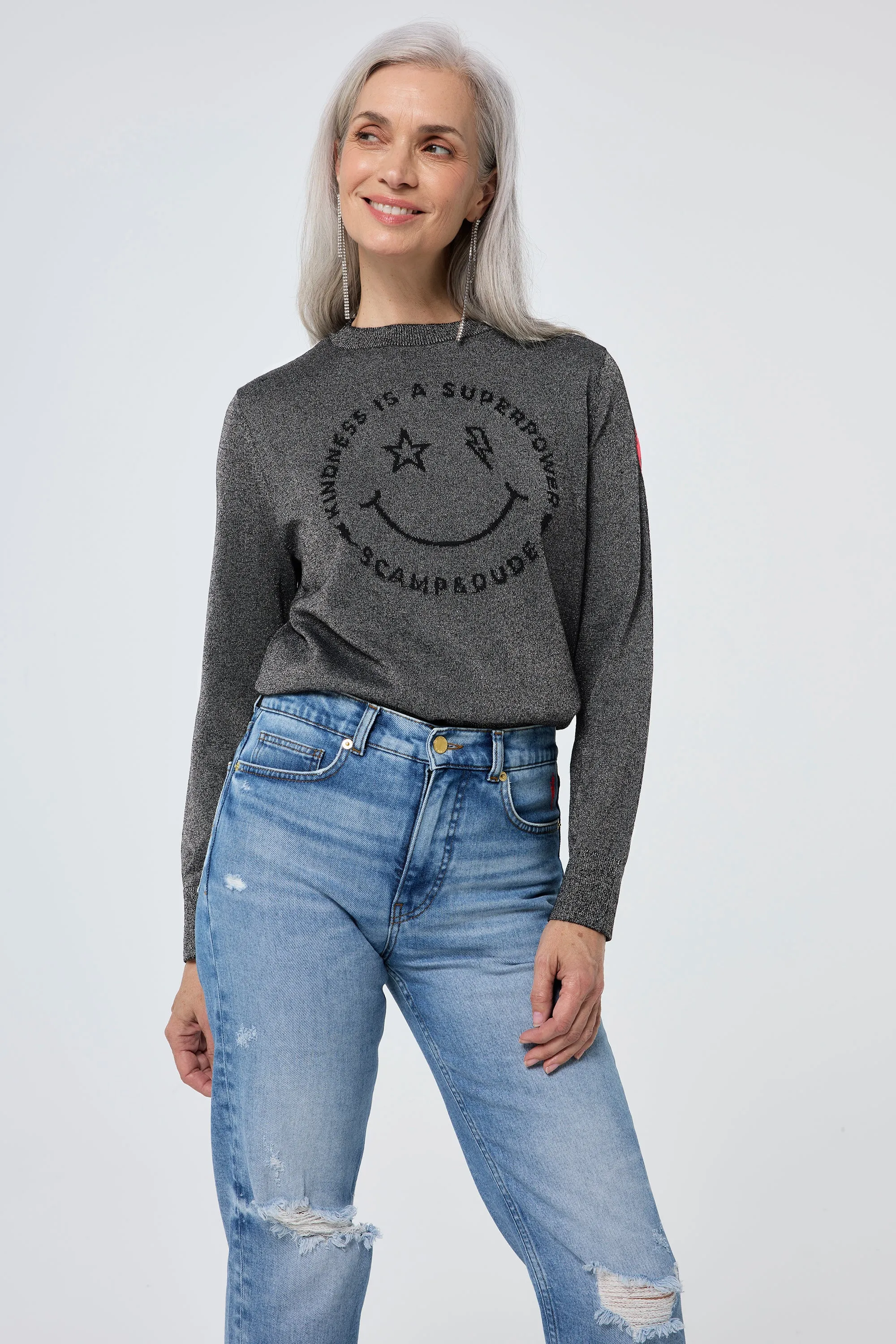 Grey with Black Smiley Face Lurex Knit Jumper