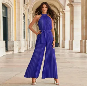 Halter Sleeveless Pleated Summer Belted Slim-fit Pleated Wide Jumpsuit