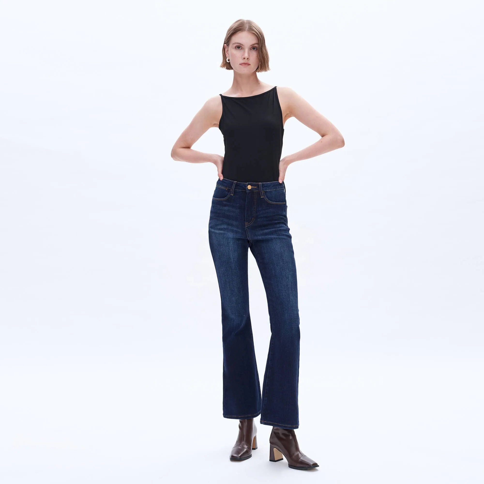 HIGH RISE FLARE JEANS WITH FINISHED HEM