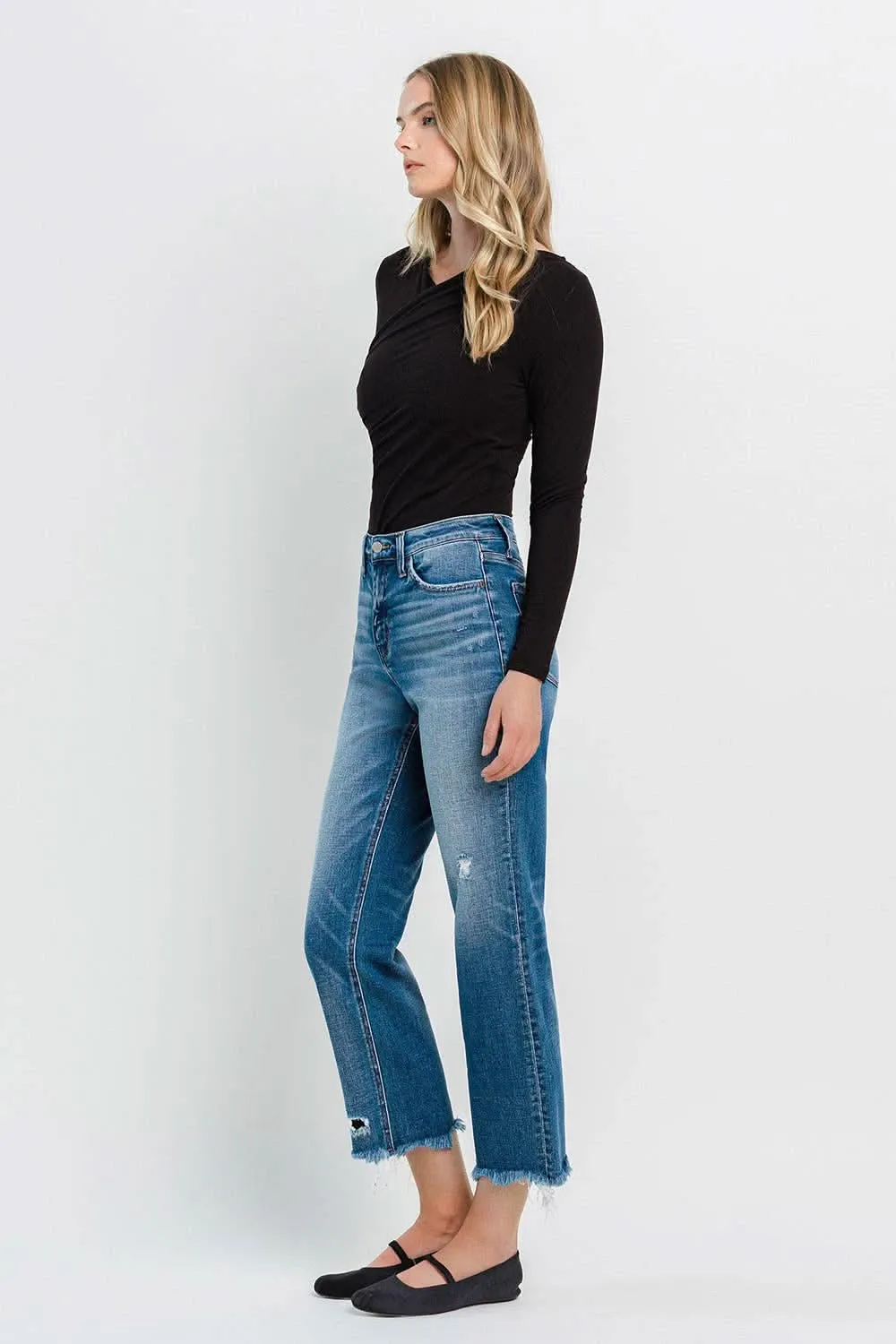 High Rise Frayed Hem Regular Straight Jeans