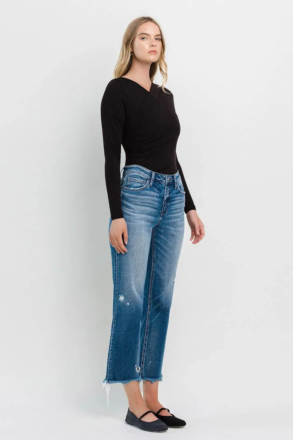 High Rise Frayed Hem Regular Straight Jeans