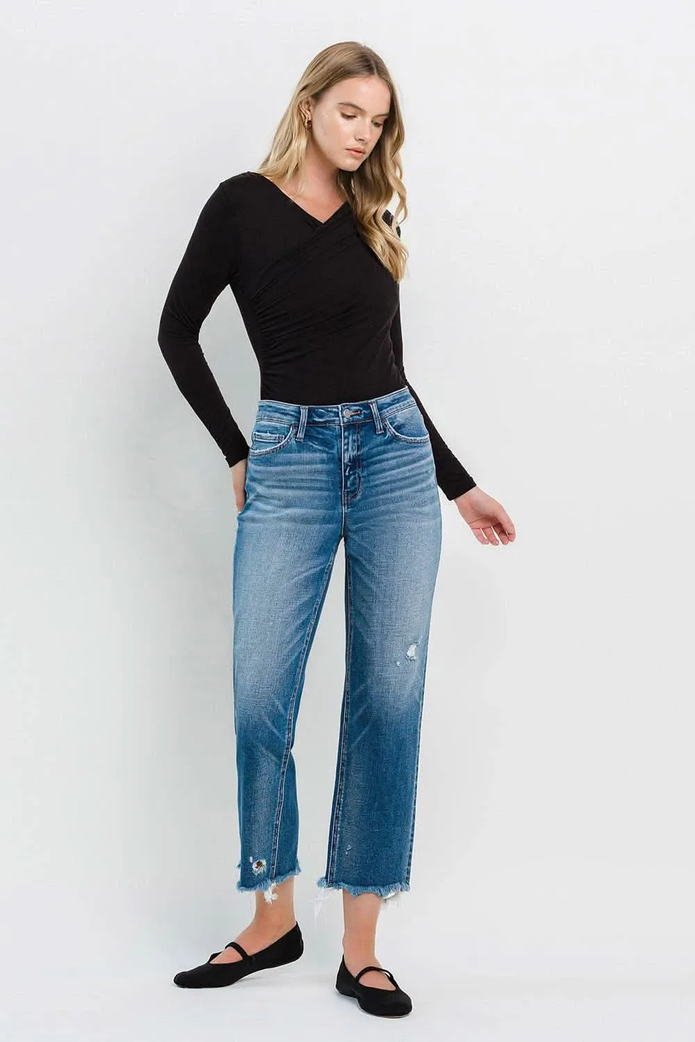 High Rise Frayed Hem Regular Straight Jeans