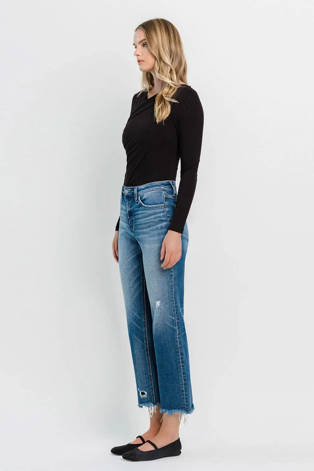 High Rise Frayed Hem Regular Straight Jeans