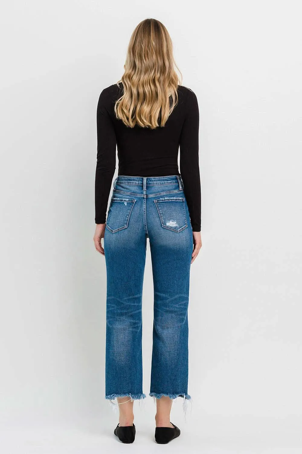 High Rise Frayed Hem Regular Straight Jeans