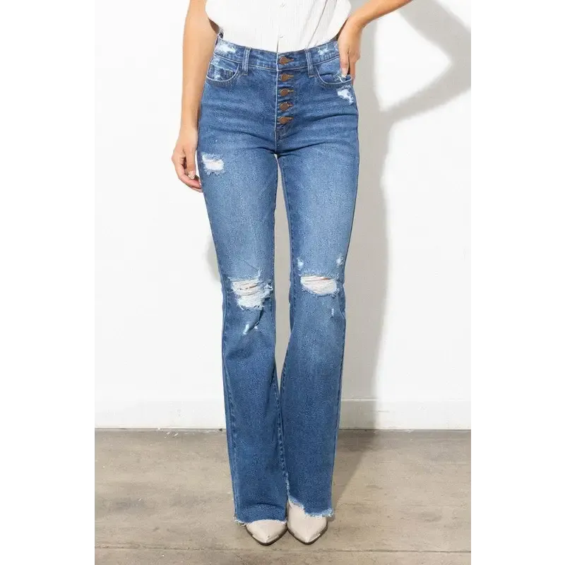 High Waisted Distressed Bootcut Jeans