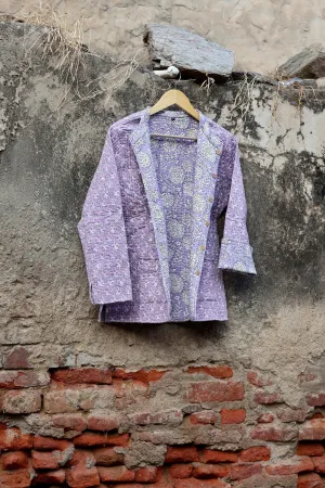 Indian Handmade Quilted Kantha Cotton Fabric Jacket Stylish Purple & White Floral Women's Coat, Reversible Waistcoat for Her