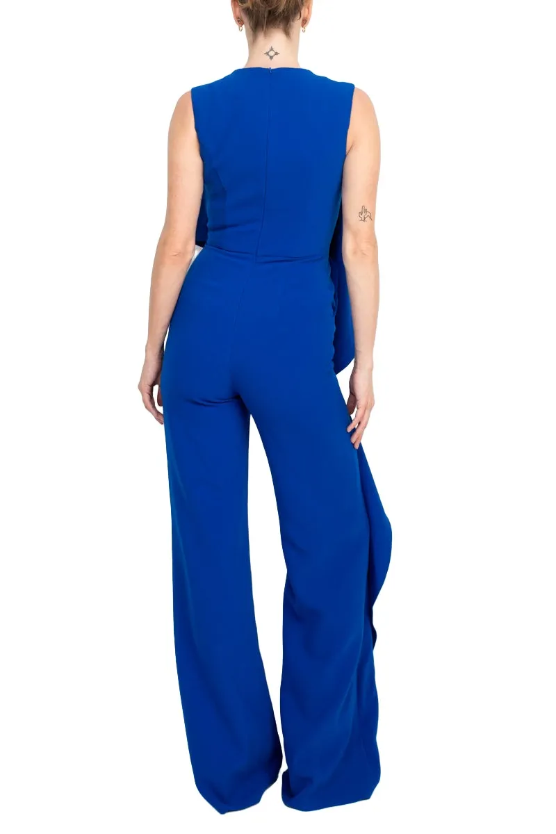 Jovani Ruffle trim sleeveless high waist one-piece scoop neck crepe jumpsuit