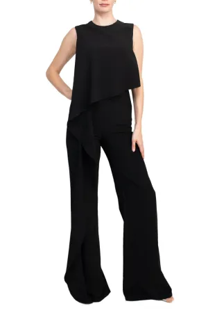 Jovani Ruffle trim sleeveless high waist one-piece scoop neck crepe jumpsuit