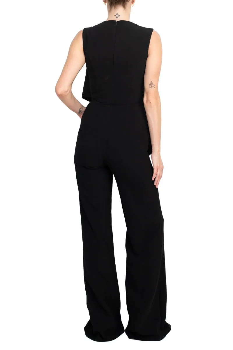 Jovani Ruffle trim sleeveless high waist one-piece scoop neck crepe jumpsuit