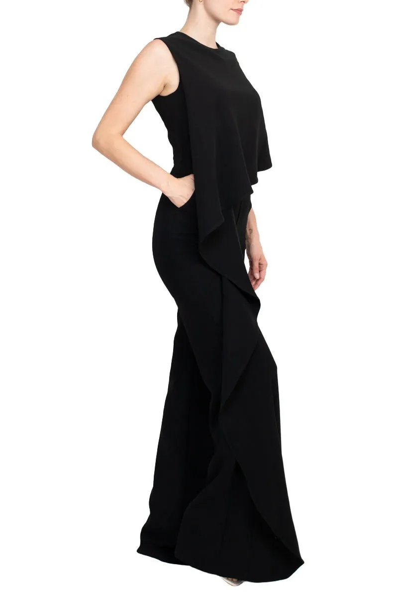 Jovani Ruffle trim sleeveless high waist one-piece scoop neck crepe jumpsuit