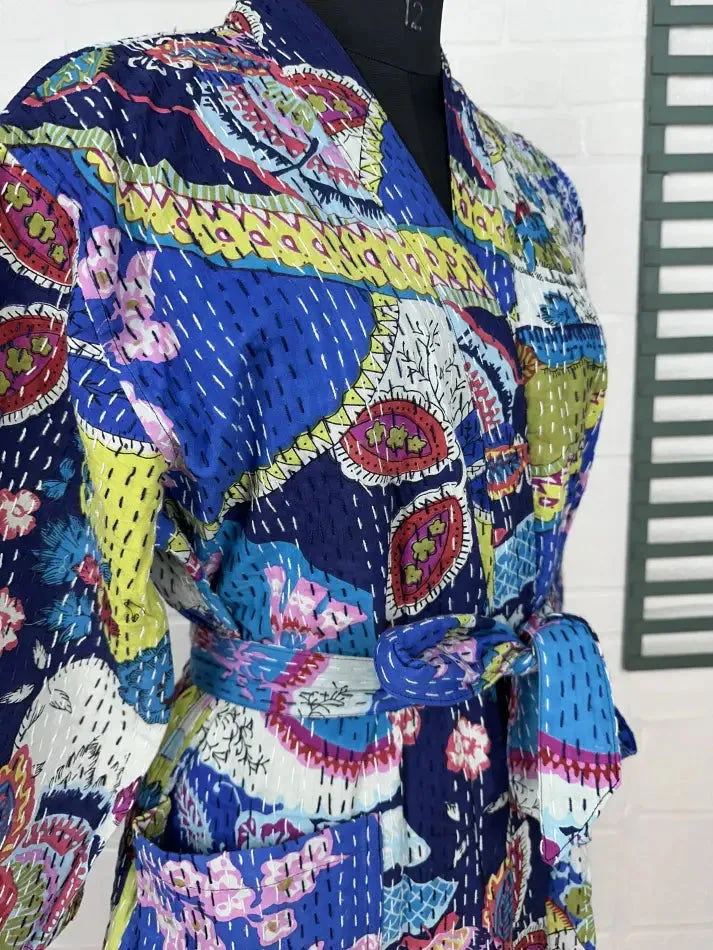 Kantha Pure Cotton Reversible Short Kimono Women Jacket Floral Print Blue White