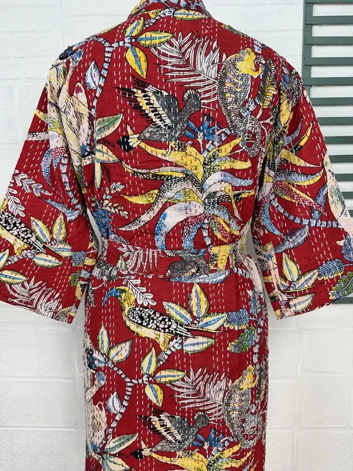 Kantha Pure Cotton Reversible Short Kimono Women Jacket Jungle Print Red Yellow