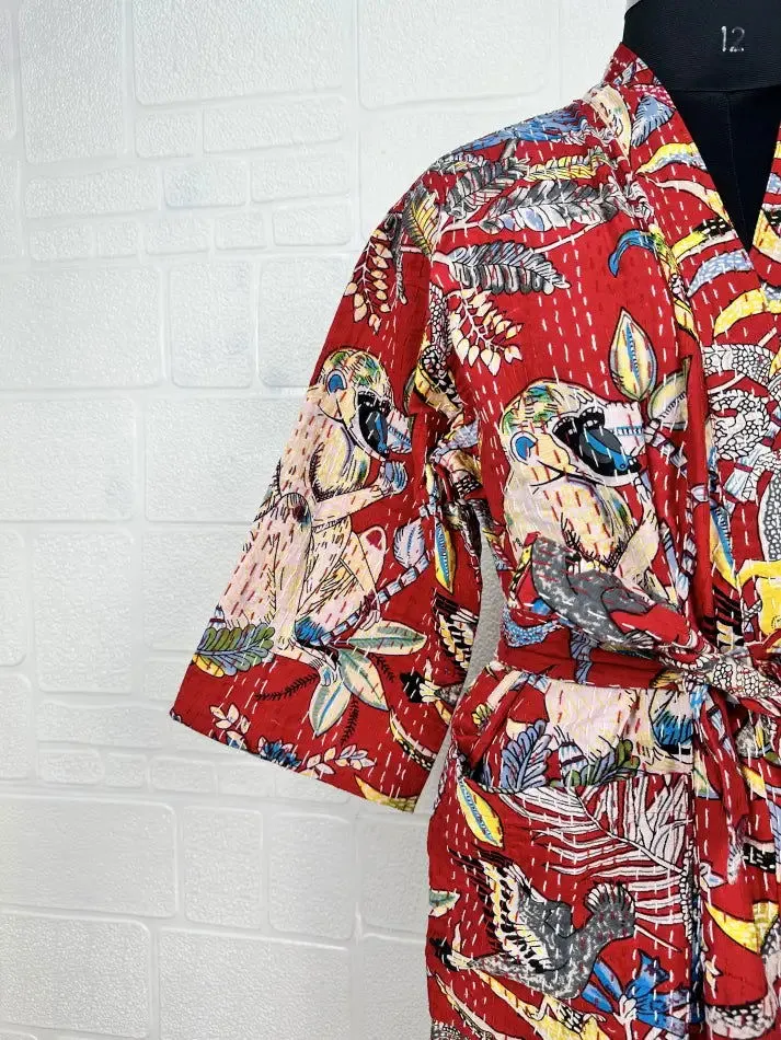 Kantha Pure Cotton Reversible Short Kimono Women Jacket Jungle Print Red Yellow